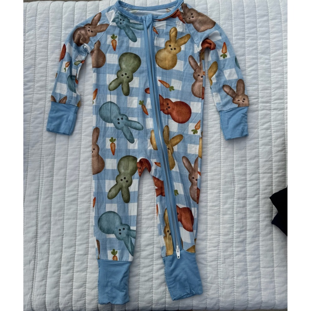 Easter Bunny Peeps Bamboo Zippy Sleeper Blue Gingham Romper 3-6M